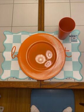 Orange Plastic Dining/ Charger Plate, tumbler set , and placemats